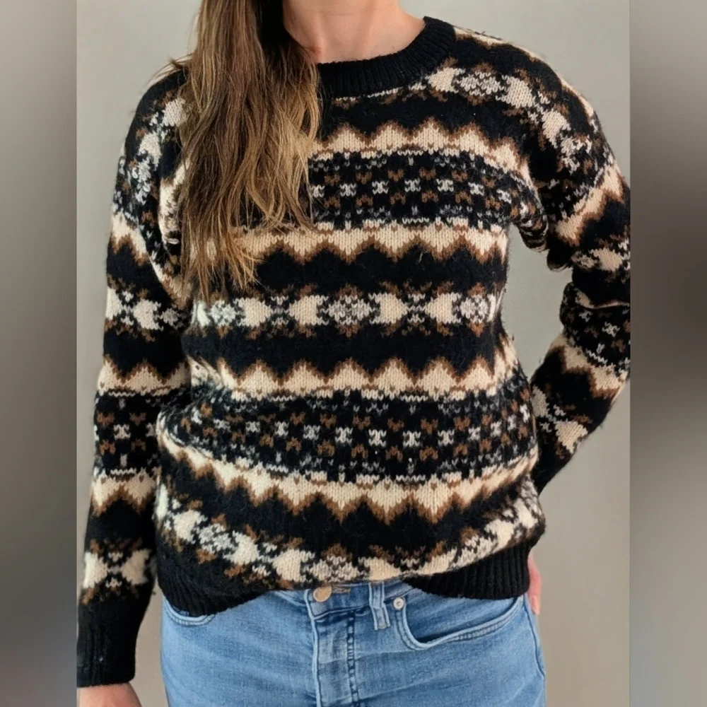 Vintage Geometric Abstract Patterned Wool Crewneck Sweater In Black - Picture 3 of 6